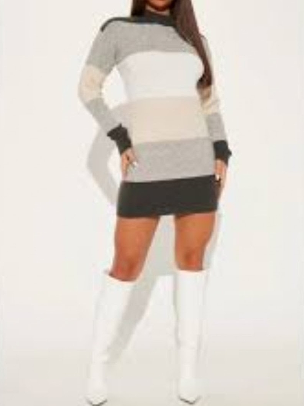 Fashion Nova Striped Knit Bodycon Mini Dress in Black, Gray, White & Cream